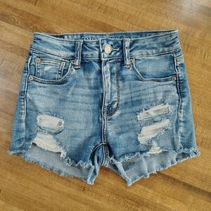 American Eagle Outfitters Stretchy Distressed Light Blue Denim Shortie Shorts 0